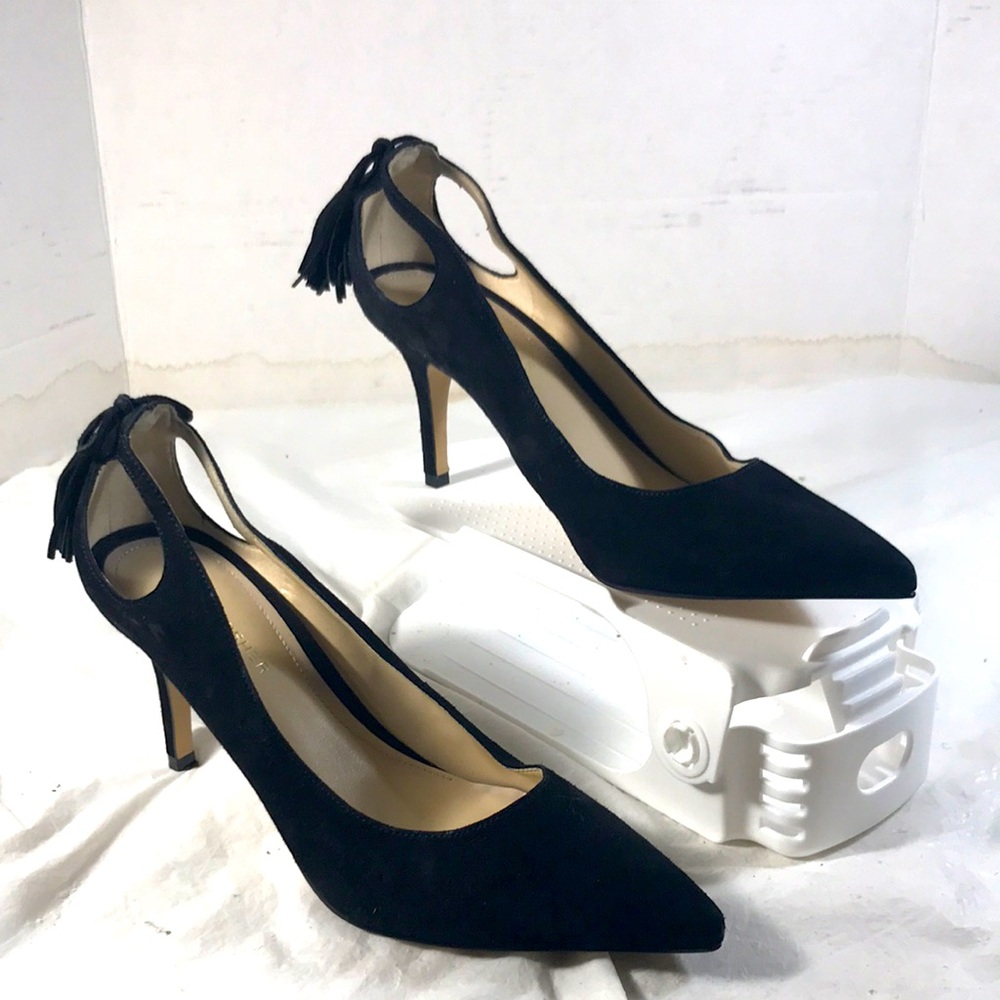 Marc Fisher Women’s Teagin  Black Suede Slip on Tassel Accent Pointy Toe Heels